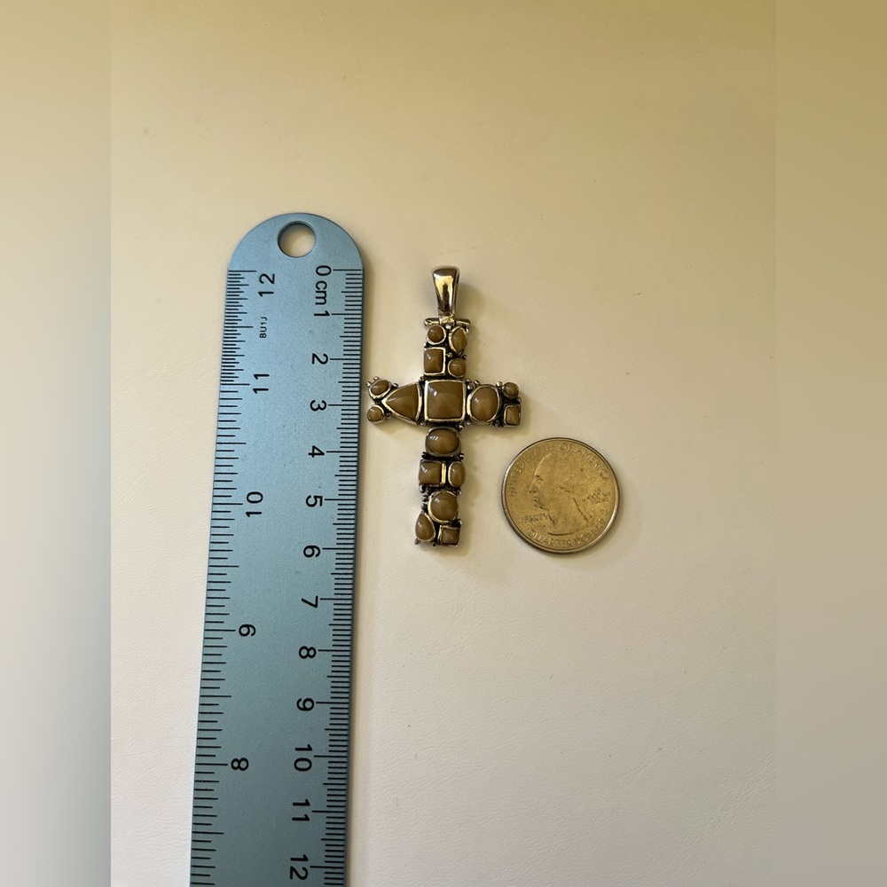 Silver and Tan Cross Pendant 925 Sterling Silver - Picture 5 of 6